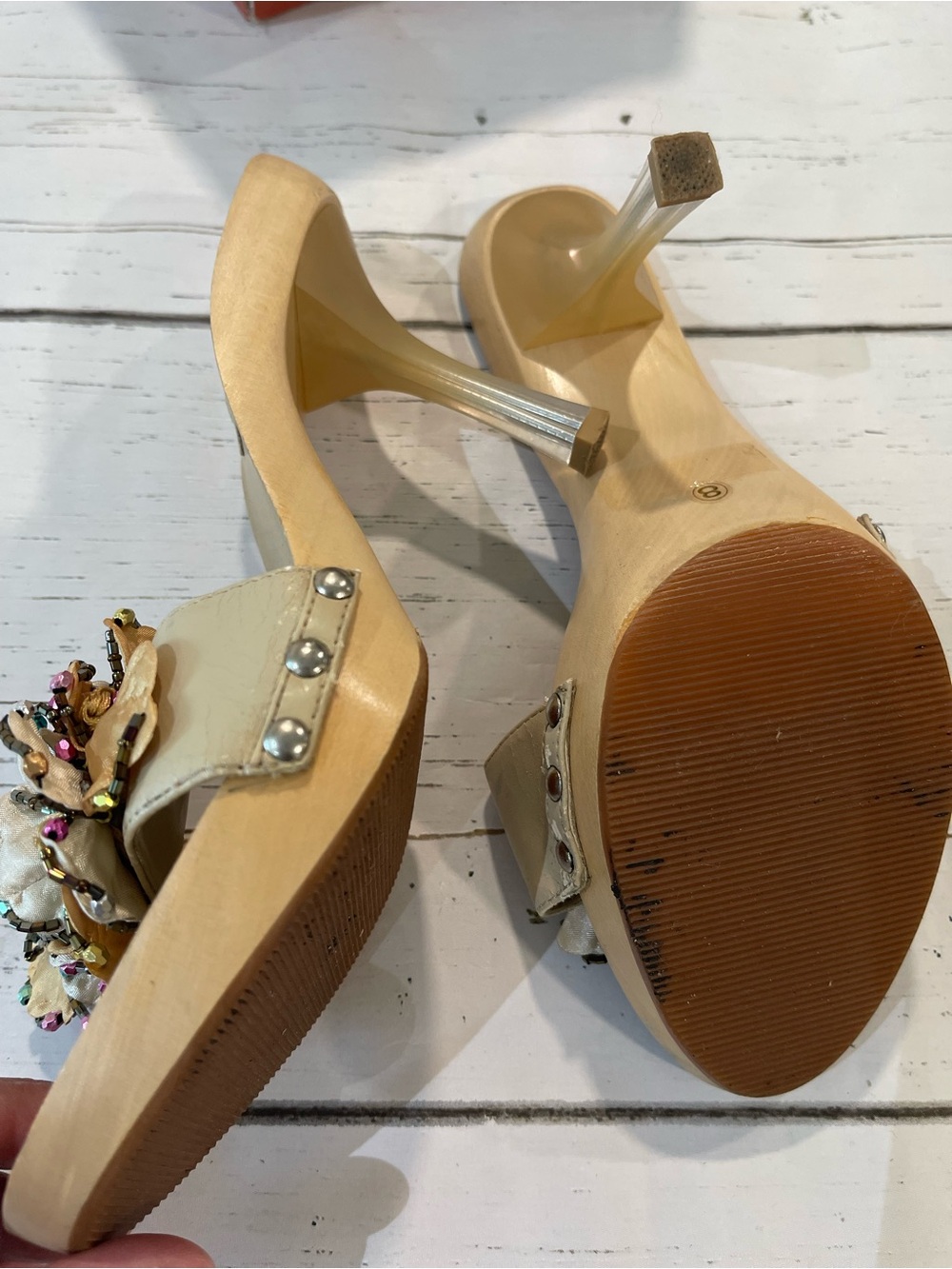 ModaLikke Y2K Wooden Platform Floral Beaded Clear Heel Mules - Picture 3 of 4